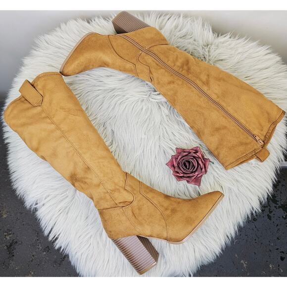 Cherish Lyndsy-11 Suede Knee High Boots Brown Block Heel Western Pointed Toe 5.5 - Picture 2 of 15